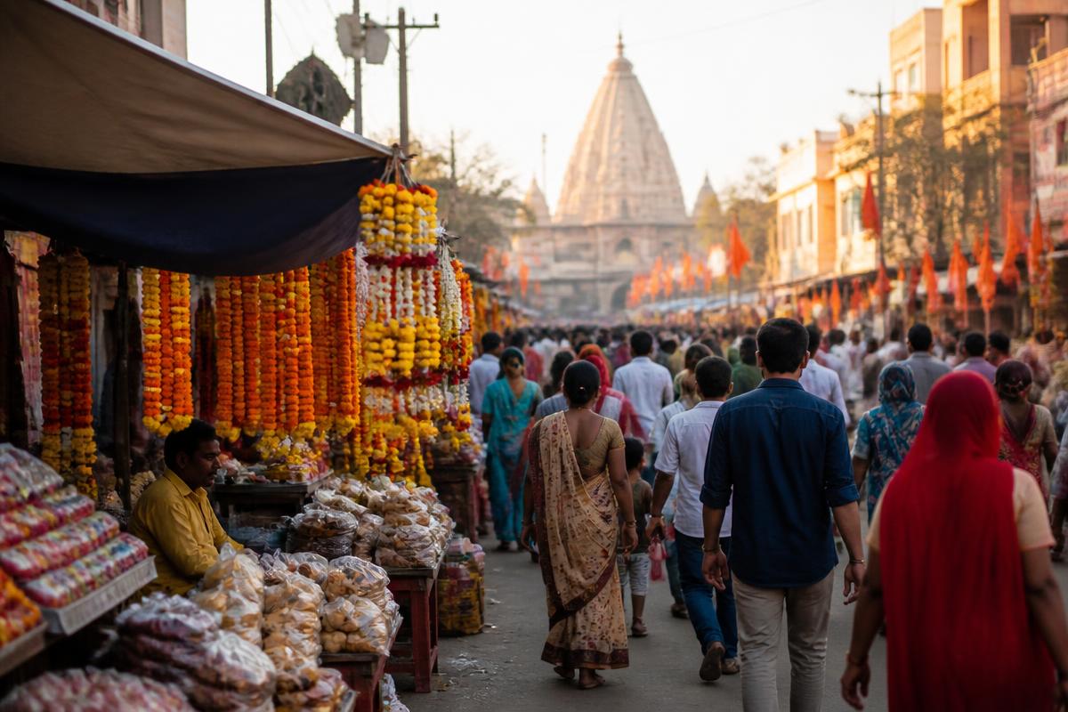 Pilgrims walking on a temple street in Maharashtra